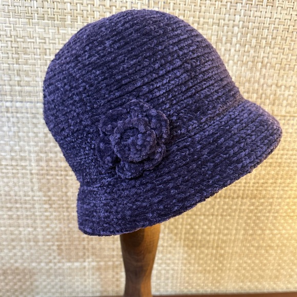 VTG 1990s Ann Taylor Purple Chenille Bucket Cloche Hat L - Picture 2 of 7
